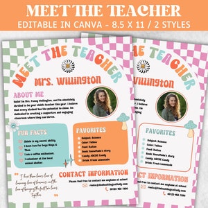 Groovy Meet The Teacher Canva Plantilla editable, Introducción al profesor, Folleto de regreso a la escuela, Jornada de puertas abiertas de la escuela de profesores, Acerca del profesor