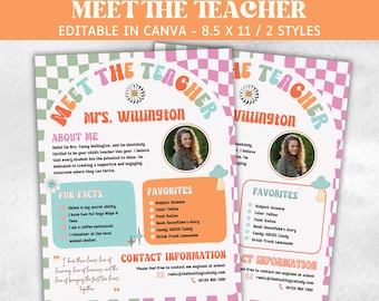 Redigerbar mall för Groovy Meet The Teacher Canva, lärarintroduktion, flygblad för skolstart, öppet hus för lärarskolan, om läraren