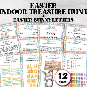 Påskskattjakt inomhus, inomhusjakt, kaninbokstav, knäck koden-kort, påskgåtor, påskskattjakt för familj, barn, tonåringar