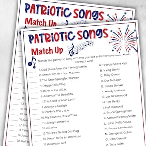 May include: Two patriotic song match-up game sheets. The top of each sheet reads "Patriotic Songs Match Up" in red and blue. The game lists songs and artists to match, with musical notes and fireworks graphics.