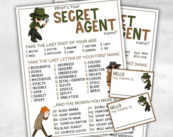 May include: A set of printable Secret Agent name game sheets. The design features cartoon illustrations of detectives with magnifying glasses, and includes instructions for creating a secret agent name based on age, first name, and birth month.