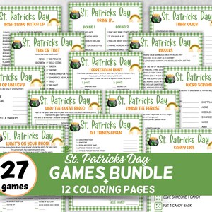May include: A set of 27 St. Patrick's Day games and 12 coloring pages. The games include a variety of activities such as word scrambles, riddles, and bingo. The coloring pages feature shamrocks, leprechauns, and other St. Patrick's Day themes.