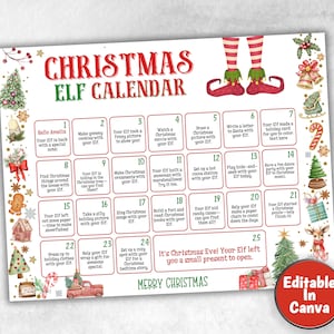 Contagem regressiva de elfos de Natal, atividades de Natal, calendário do advento infantil, imprimível de Natal, adereços de elfos, calendário de Natal, planejador de Natal