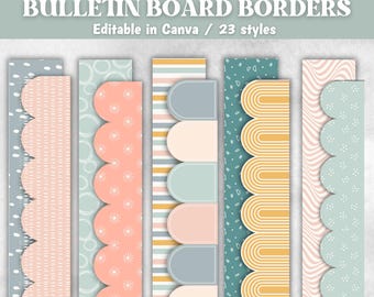 Könnte beinhalten: Eine Sammlung farbenfroher Pinnwandränder mit verschiedenen Mustern und Designs. Die Ränder umfassen gewellte Kanten, Streifen und geometrische Formen. Der Text oben lautet "BULLETIN BOARD BORDERS" und "Editable in Canva / 23 styles".