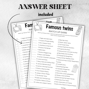 May include: Three sheets of paper with a game called "Famous Twins Match Up Game". The game includes a list of famous twins and a list of answers. The text "Answer Sheet Included" is at the top.
