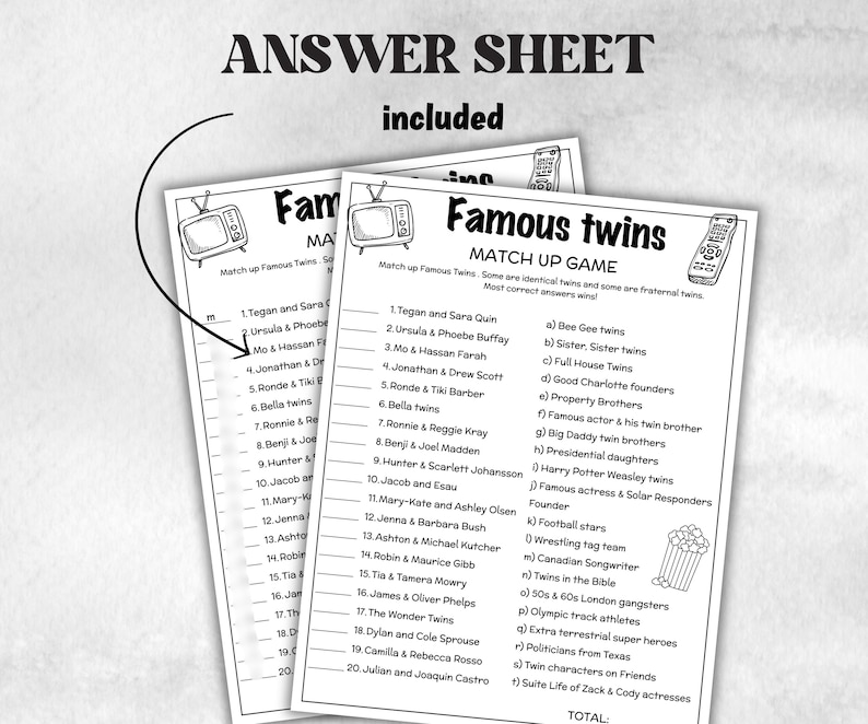 May include: Three sheets of paper with a game called "Famous Twins Match Up Game". The game includes a list of famous twins and a list of answers. The text "Answer Sheet Included" is at the top.