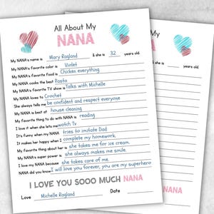 Alles über meine Nana Fragebogen, personalisiertes Geschenk, Ausmalbild, Fülle die Lücken aus, Andenken druckbares Geschenk, einzigartige Nana-Karte