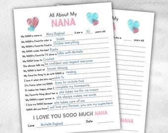 All About My Nana printed Questionnaire, Personalized Gift, Coloring Activity, Fill in the Blanks, Keepsake Printable Gift, Unique Nana Card