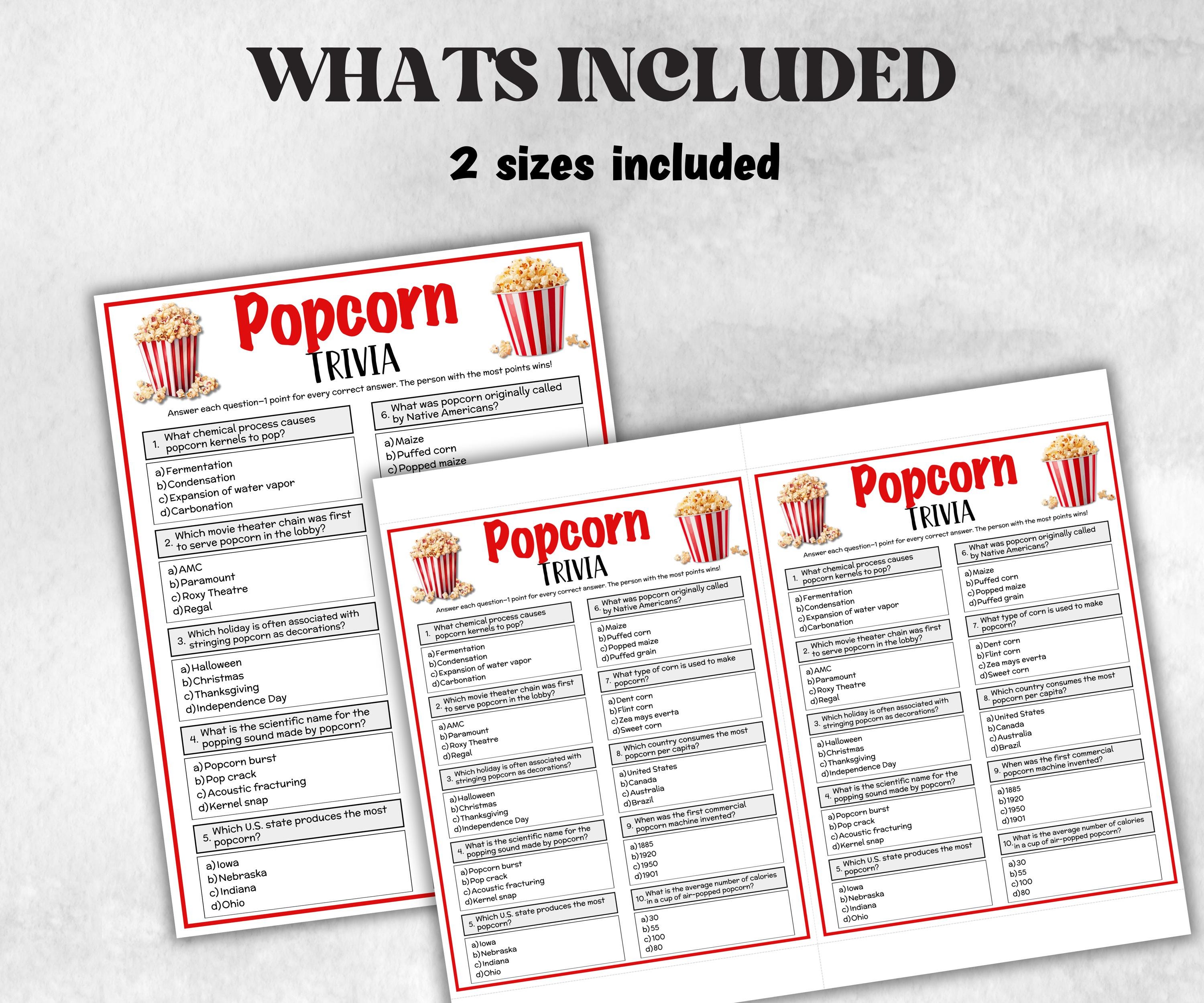 Popcorn Questions Printable Popcorn Trivia Game, Poprcorn Theme Birthday Activity ...