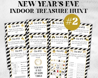 May include: A New Year's Eve indoor treasure hunt game with twelve clues. Each clue card has a black and white striped border and gold accents. The game includes puzzles and riddles for a fun holiday activity. The text on the cards includes phrases like "Clue #01" and "You're doing great."