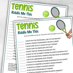 Puede incluir: Dos hojas de papel blancas con el título "Tennis Riddle Me This" en verde y blanco. Las hojas presentan ilustraciones con temática de tenis, incluyendo pelotas y raquetas de tenis. El texto incluye una serie de acertijos relacionados con el tenis.