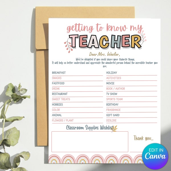 Getting to know my teacher I All about my teacher I Teacher favorites I Teacher Survey I Teacher Gift ideas I End of school gift I School