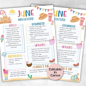 6 月のビーチ ライフ教室ニュースレター、デイケア クラス ニュースレター、ニュースレター テンプレート、Canva テンプレート スクール ニュースレター、保護者とのコミュニケーション
