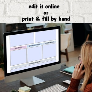 Pu&ograve; includere: Uno schermo di computer che mostra un modello di valutazione infermieristica stampabile con sezioni per effetti collaterali, controindicazioni, considerazioni e valutazione infermieristica. Il testo "edit it online or print & fill by hand" &egrave; nella parte superiore dello schermo.