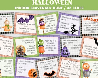 May include: A set of 10 Halloween-themed scavenger hunt clue cards. Each card features a different illustration, such as a witch, a scarecrow, a pumpkin, and a bat. The cards are printed on a checkered background with purple, green, and black colours. The text on the cards is in a whimsical font and includes phrases like "Find me where melodies come to life" and "Your threads entwined, a fabric's embrace."