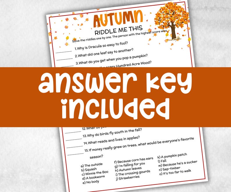 Fall Themes Riddles Fall Autumn Riddles Trivia, Printable Activity, Party Game ...