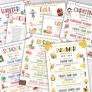 Puede incluir: Un conjunto de diez carteles imprimibles para la semana del esp&iacute;ritu escolar, cada uno con un tema diferente para cada mes del a&ntilde;o. Los carteles est&aacute;n decorados con ilustraciones coloridas y texto. Los temas incluyen: invierno, febrero, escuela, oto&ntilde;o, primavera, verano, Navidad, Pascua y una semana general del esp&iacute;ritu escolar.
