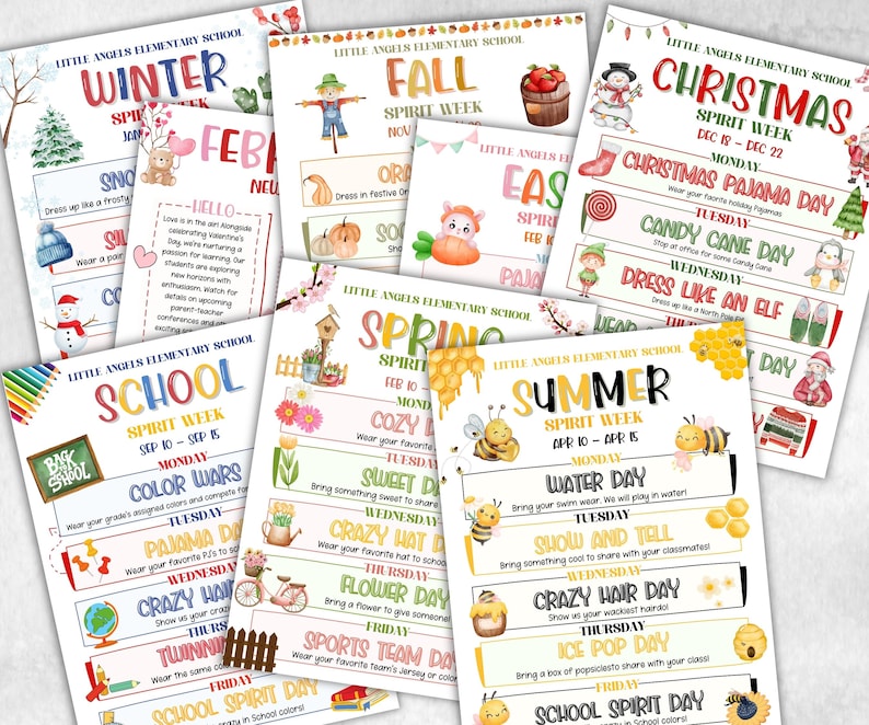 Puede incluir: Un conjunto de diez carteles imprimibles para la semana del esp&iacute;ritu escolar, cada uno con un tema diferente para cada mes del a&ntilde;o. Los carteles est&aacute;n decorados con ilustraciones coloridas y texto. Los temas incluyen: invierno, febrero, escuela, oto&ntilde;o, primavera, verano, Navidad, Pascua y una semana general del esp&iacute;ritu escolar.