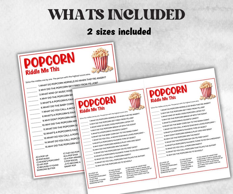 Popcorn Questions Popcorn Riddles Jokes, Popcorn Baby Shower, Movie Night, Ice Breaker ...