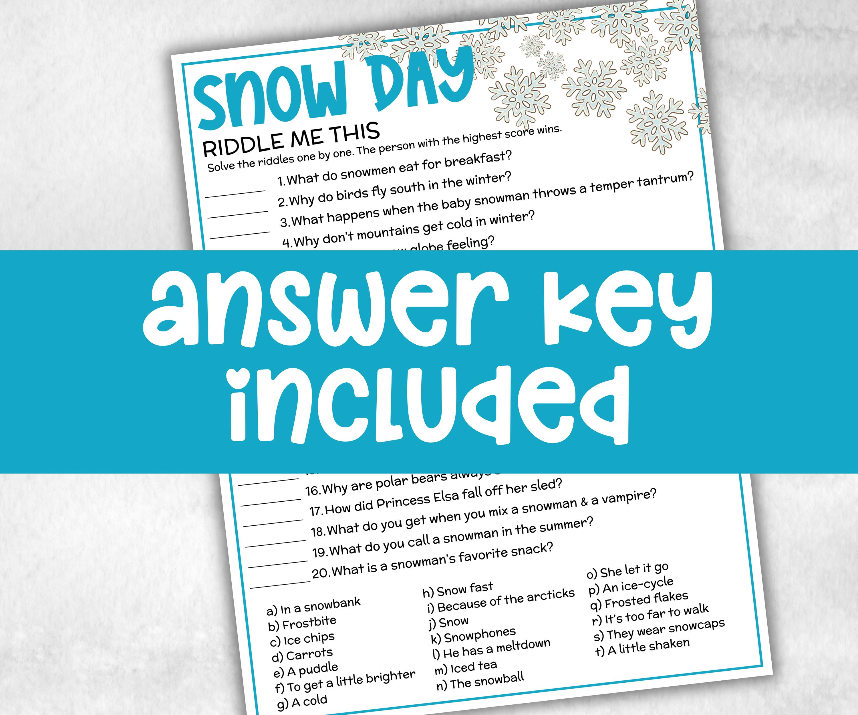 Winter Snow Day Riddles, Printable Activity, Party Game, Halloween ...