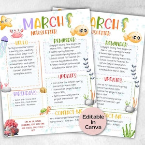 March Sea life Classroom Newsletter, Daycare Class Newsletter, Newsletter Template, Canva Template School Newsletter, Parent Communication