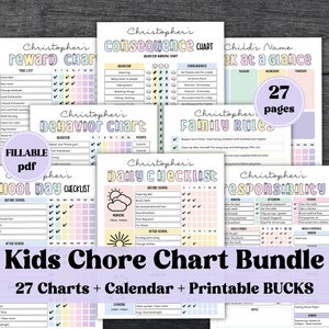 Visuele kinderkarweigrafieken | Beloningsschema | Familieklusjesschema | Bewerkbare verantwoordelijkheidsgrafiekbundel | Hoe u geld kunt verdienen Chore Chart-sjabloon