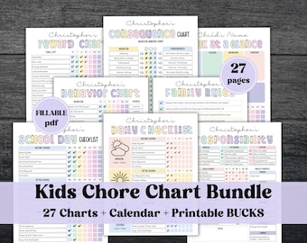 Visual Kids Chore Charts | Reward Chart | Family Chore Chart | Editable Responsibility Chart Bundle | How To Earn Money Chore Chart template