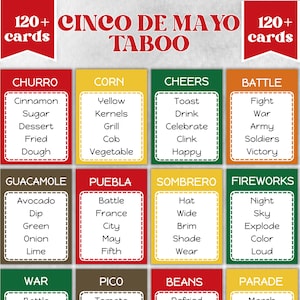 May include: A colorful Cinco de Mayo Taboo card game with 120+ cards. Each card features a word and a list of related words to avoid. The game cards are in various colors, including red, yellow, green, and orange.