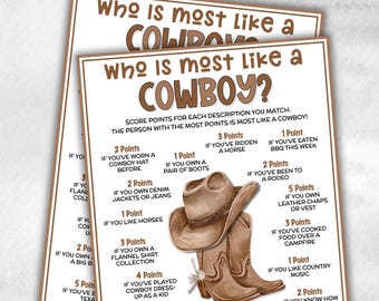Könnte beinhalten: Zwei bedruckte Spielbögen mit dem Titel "Wer ist am meisten wie ein Cowboy?" zeigen eine Illustration von Cowboyhut und -stiefeln. Das Spiel beinhaltet punktbasierte Fragen zu Cowboy-Aktivitäten und -Kleidung. Die Bögen sind für ein lustiges Partyspiel konzipiert.