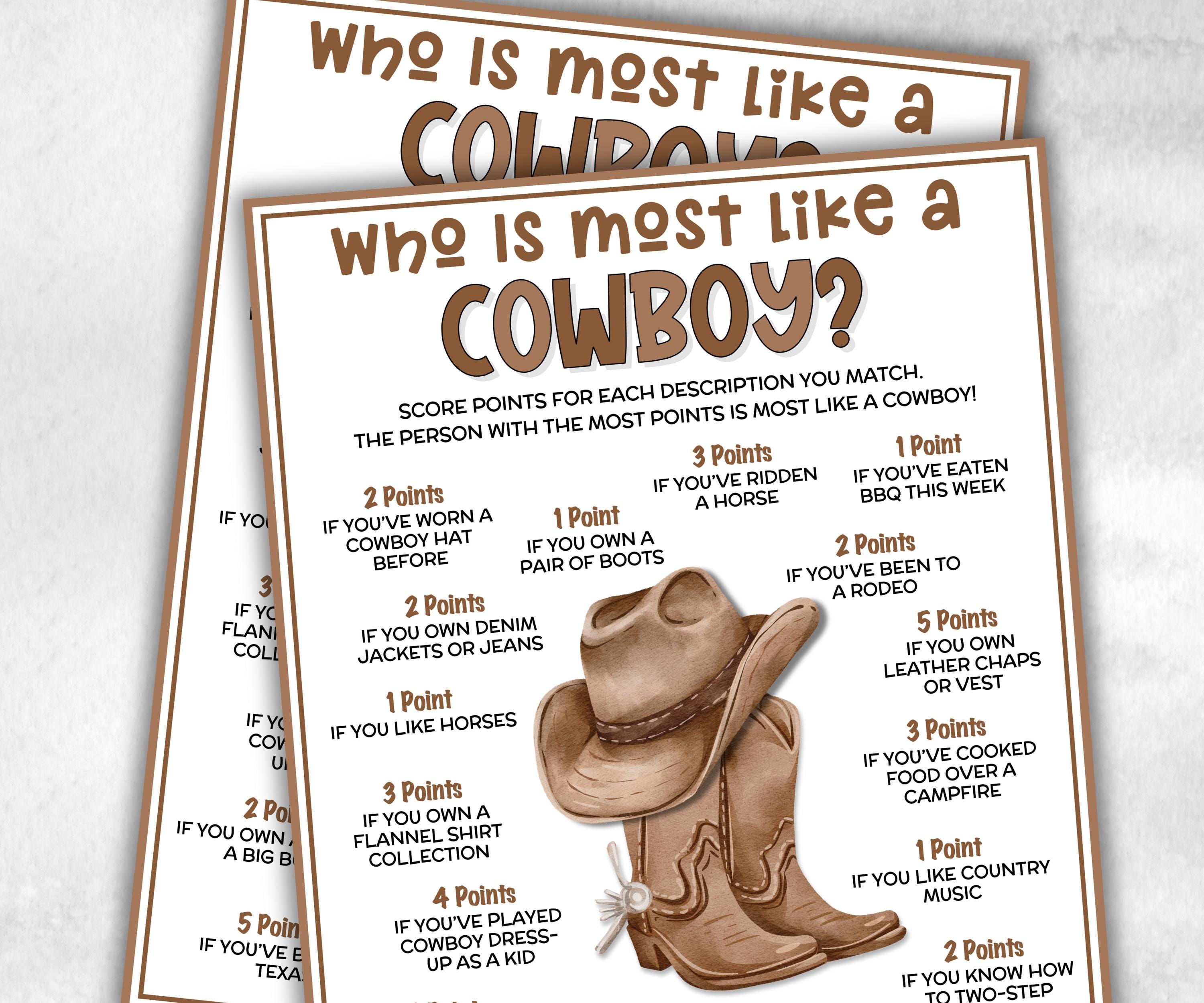 Who is Most Like a Cowboy, Cowboy Baby Shower, Texas Game, Wild