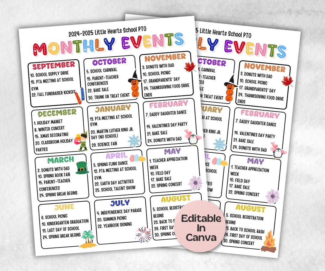 Calendar of Events, School Events Calendar Flyer, PTA Monthly Calendar