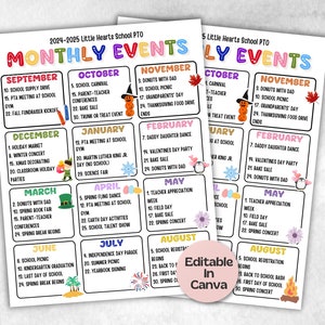 Calendar of Events, School events calendar flyer, PTA Monthly Calendar, PTO Calendar, school calendar, editable in Canva calendar flyer