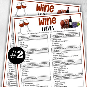 Może przedstawiać: Dwa drukowane arkusze gry w quiz o winie z ilustracjami kieliszków do wina, beczek i winogron. Pytania dotyczą terminologii winiarskiej, odmian winogron i temperatur serwowania. Arkusze są białe z czerwonym i czarnym tekstem.