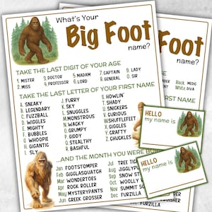 What is your Big Foot name, office party, daycare Name board sign, party decoration, Name tag, birthday nickname, summer winter forest games