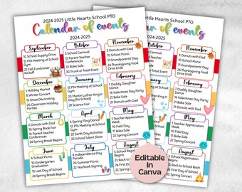 Calendario de eventos de la PTO, folleto mensual de eventos escolares, calendario mensual de la PTA, calendario de la PTO, calendario escolar, folleto de calendario editable en Canva