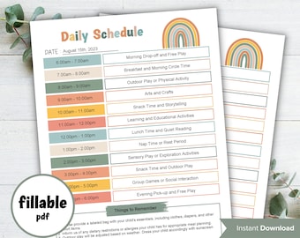 May include: A printable daily schedule template with a rainbow design. The schedule is divided into hourly time slots from 6:00 am to 6:00 pm. Each time slot has a space to write in an activity. The text "Daily Schedule" and "Date" are at the top of the page. The text "Instant Download" is at the bottom of the page.