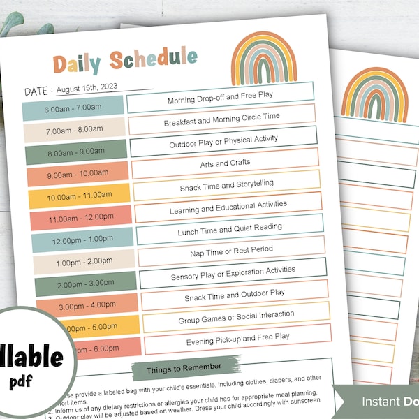 Home Daycare Schedule Editable |  Summer Schedule Printable I Daily Checklist For Kids I Daily Routine Chart I Daycare Template