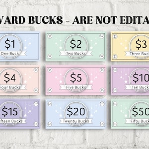 May include: Nine colorful printable play money bills with stars and a hanging string of stars. The bills are for $1, $2, $3, $4, $5, $10, $15, $20, and $50. The text "REWARD BUCKS - ARE NOT EDITABLE" is at the top of the image.
