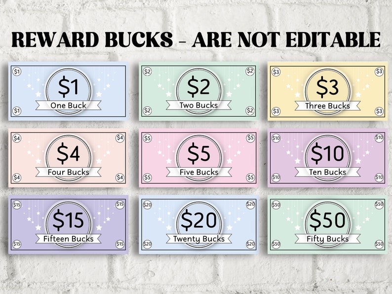 May include: Nine colorful printable play money bills with stars and a hanging string of stars. The bills are for $1, $2, $3, $4, $5, $10, $15, $20, and $50. The text "REWARD BUCKS - ARE NOT EDITABLE" is at the top of the image.