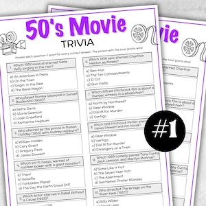 Puede incluir: Dos hojas de preguntas de trivia de películas de los años 50 con un borde púrpura. El título "50's Movie Trivia" está en la parte superior. Las preguntas están numeradas e incluyen respuestas de opción múltiple. Un círculo negro con el número "1" está a la derecha.