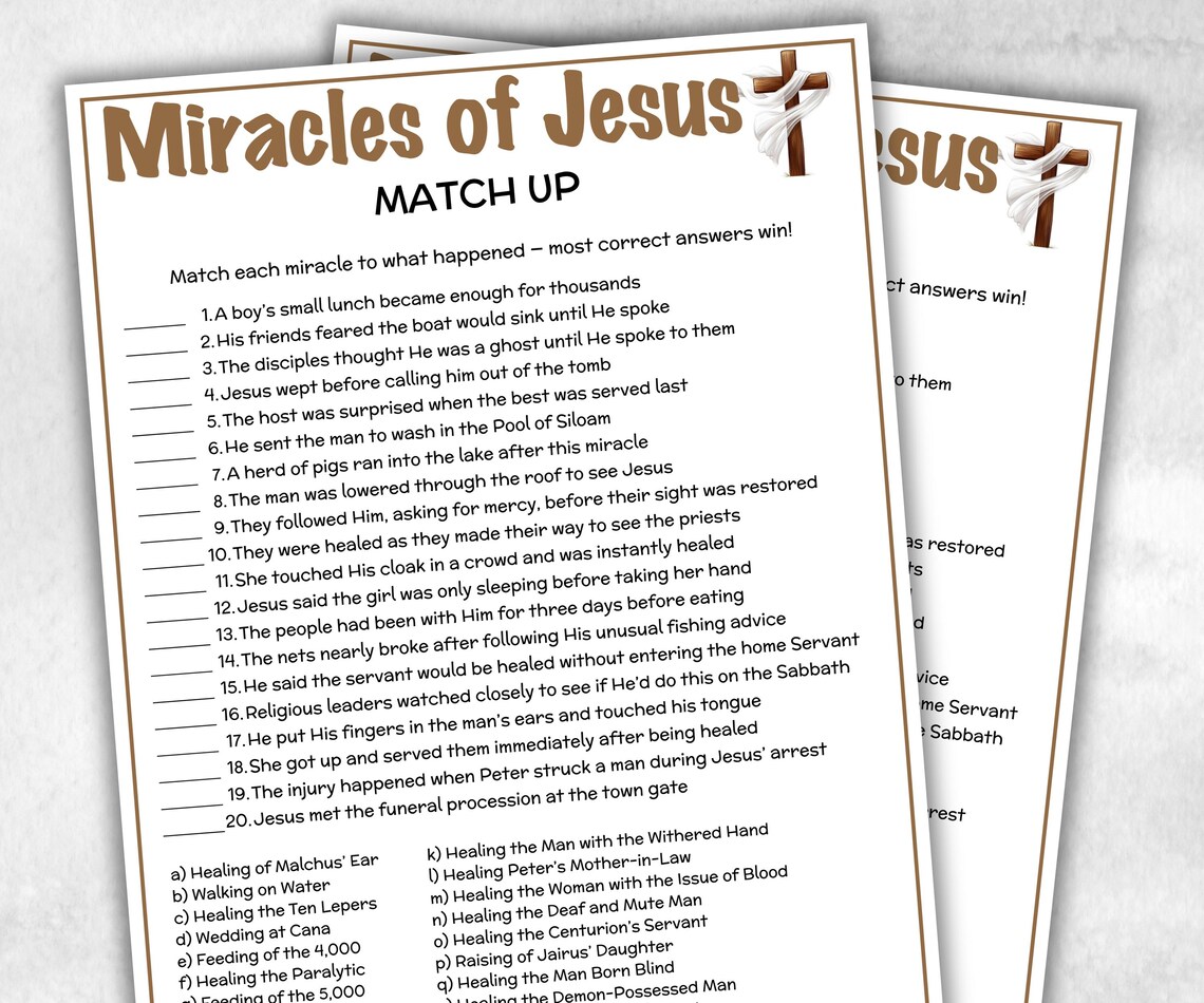 Jesus Miracle Riddles Printable Miracles of Jesus Match up for Kid, Old Testament Activity ...