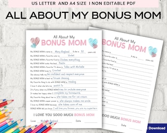 All About my Bonus Mom I Bonus Mom Interview I Mother Day Printable I All About My Aunt Printable | Personalised Mother'S Day Bonus mom Gift