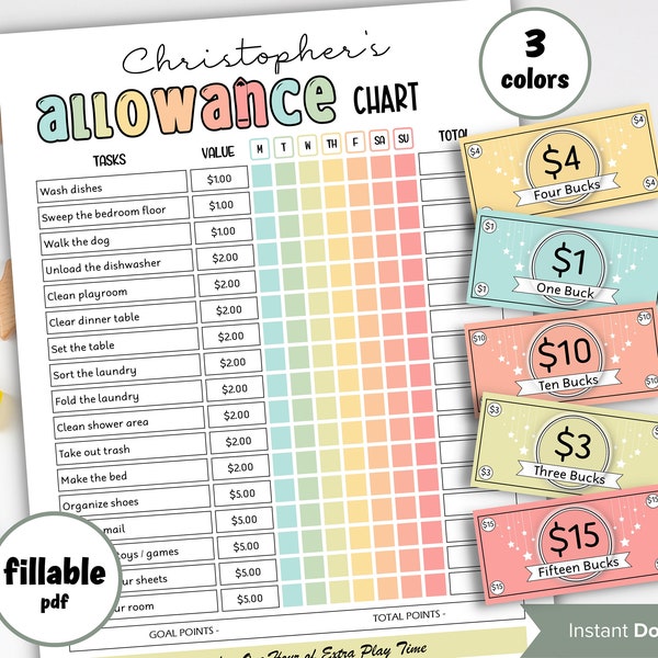 Earn Money Chart | Weekly Allowance Chore Chart | School Routine | Kids Allowance Tracker | Chore Chart For Kids | Editable Pdf