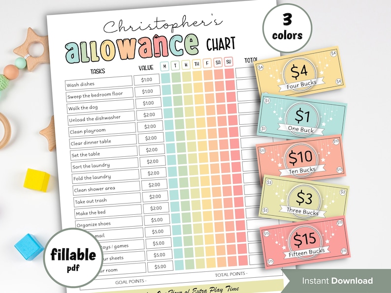 Earn Money Chart Weekly Allowance Chore Chart School Routine Kids Allowance Tracker Chore Chart For Kids Editable Pdf image 1