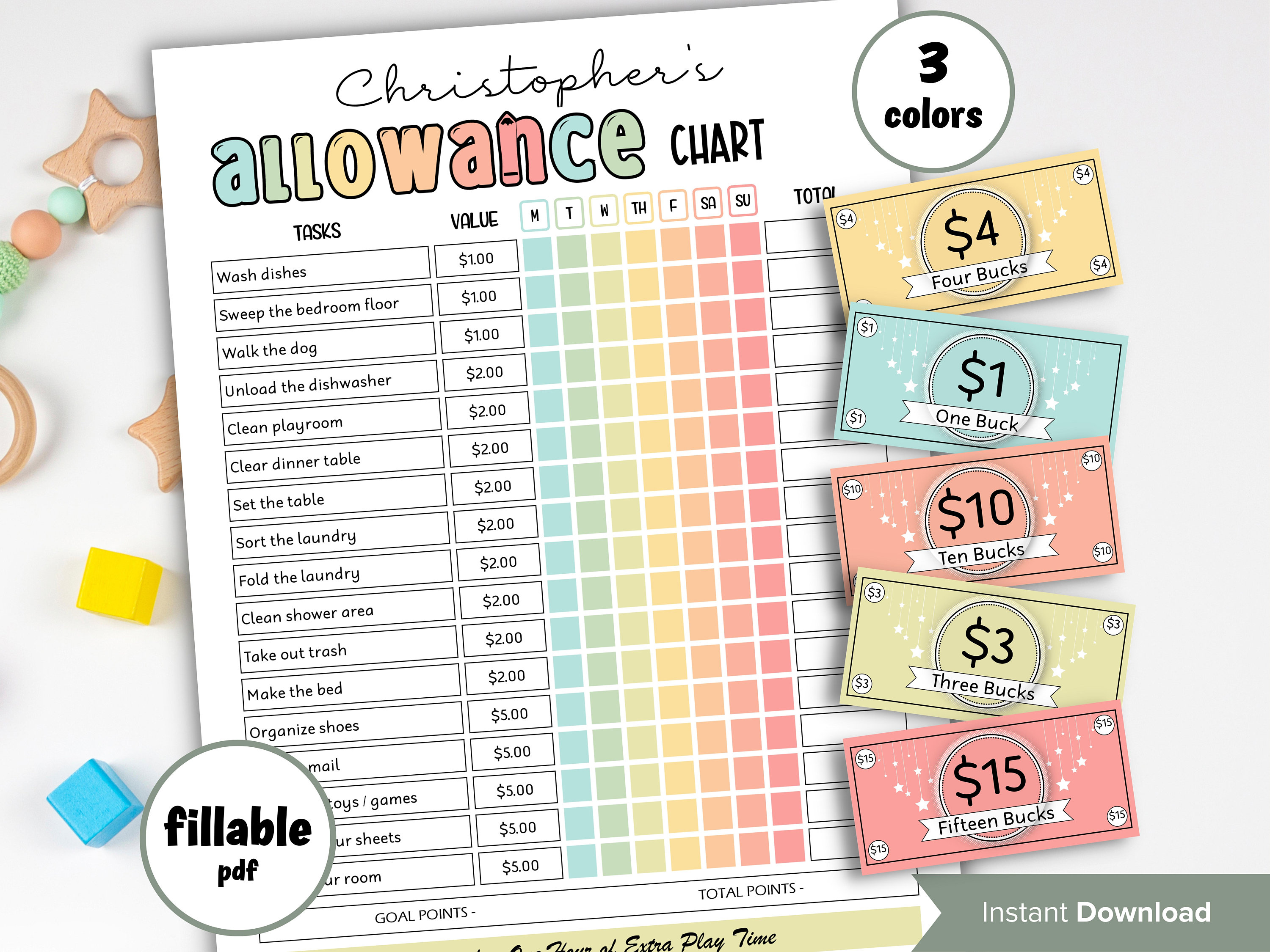 Earn Money Chart | Weekly Allowance Chore Chart | School Routine | Kids ...