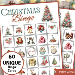 Retro Vintage Christmas Bingo, , Zabawna aktywność świąteczna dla dzieci, Gra świąteczna dla współpracowników w biurze, Wydrukowana karta Bingo, Bingo na Wigilię Rodzinną