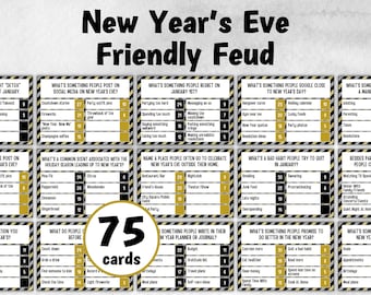 May include: A New Year's Eve Friendly Feud game with 75 cards. The game features various categories and questions related to New Year's Eve, such as social media posts, regrets, and resolutions. The cards have a black, white, and gold color scheme.