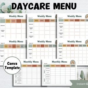 Editable menu I Weekly meal planner I Monthly  Menu Template I Home School Meal Planner | Home Daycare Weekly Menu Editable | Preschool Menu