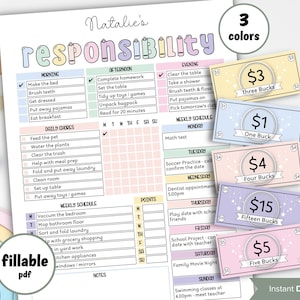 Könnte beinhalten: Ein druckbarer Aufgabenplan für Kinder mit einem rosa, blauen und gelben Farbschema. Der Plan enthält Abschnitte für Morgen, Nachmittag, Abend, tägliche Aufgaben und Wochenplan. Er enthält auch einen Abschnitt für Punkte und Notizen. Der Plan soll Kindern helfen, Verantwortung zu lernen und Belohnungen zu verdienen. Der Plan enthält einen Satz druckbarer Geldmarken mit verschiedenen Stückelungen.