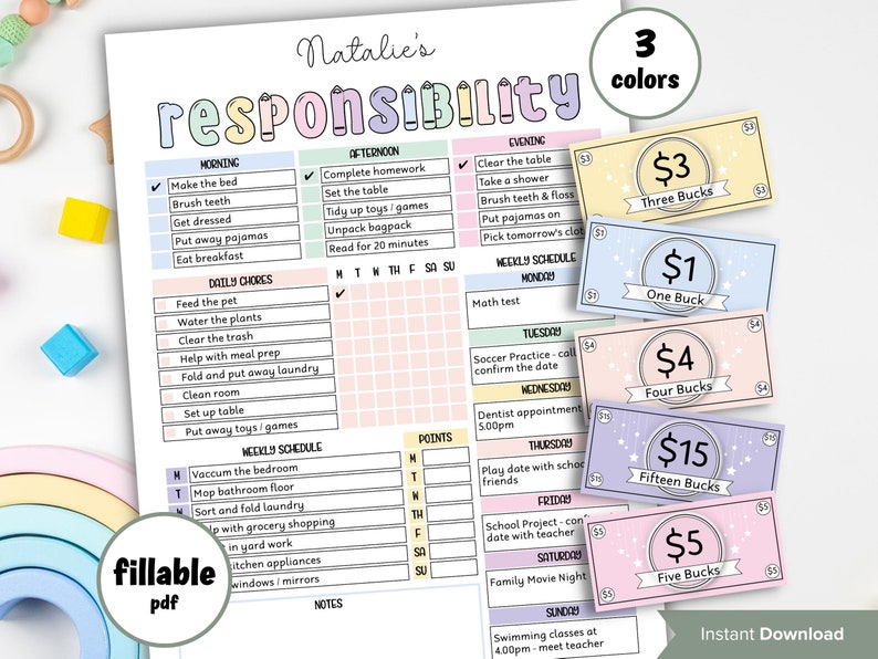 May include: A printable chore chart for kids with a pink, blue, and yellow color scheme. The chart includes sections for morning, afternoon, evening, daily chores, and weekly schedule. It also includes a section for points and notes. The chart is designed to help kids learn responsibility and earn rewards. The chart includes a set of printable money tokens with different denominations.